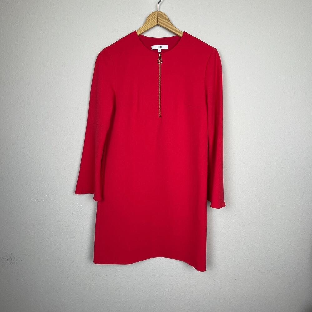 Tibi Red Bell Sleeve Sheath Dress Size 0 Ponte Knit Round Neck Knee Length